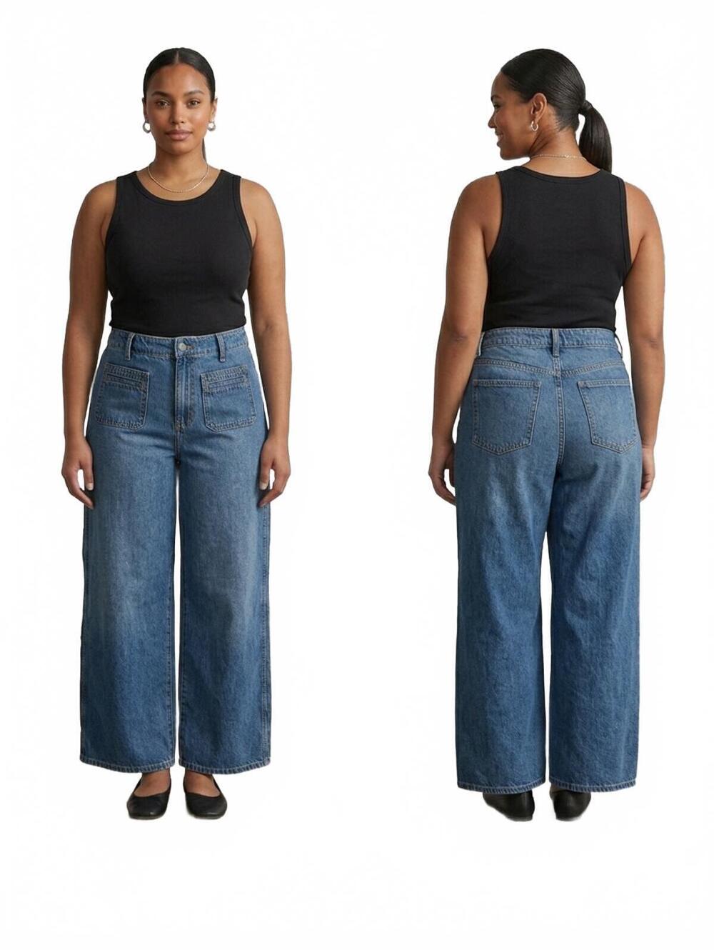 Old Navy The Baggie Wide Leg High Rise Jean 100% Cotton Front Patch Pockets